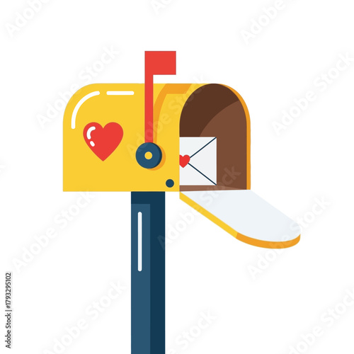 Opened yellow mailbox with red flag raised, featuring a heart icon on its side and a white love letter with a red heart inside, symbolizing romantic communication and delivery service.