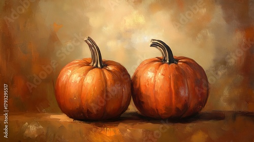 An elegant pair of pumpkins sitting on the right bottom corner, subtle warm-toned background 
