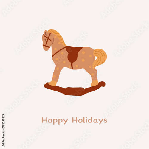 Christmas greeting card with wooden rocking horse. Holiday decoration. Merry Christmas, New Year. Hand drawn vector illustration