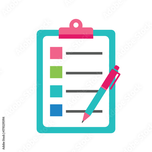 Checklist clipboard and pen vector illustration, ideal for task management, survey completion, project planning, assessment forms, daily to-do lists, and organizational tasks.