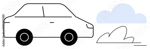 Compact car illustration next to a cloud and shrub suggesting eco-friendly travel, transportation, and outdoor exploration. Ideal for mobility, sustainability, road trips, minimalism, environment