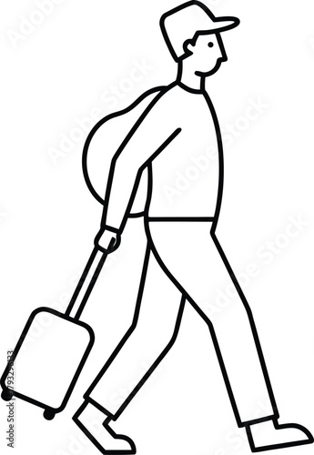 Traveler Walking Through Airport Line Art Vector Illustration Isolated on White Background