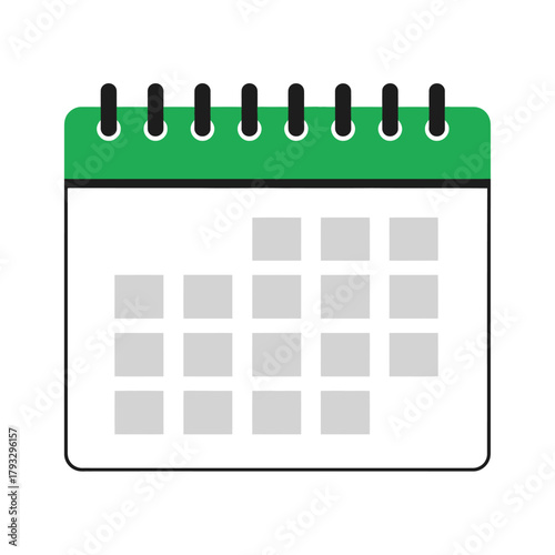 Simple green and white calendar icon showing a month layout with grey squares for days, representing scheduling, time management, important dates, and event planning for daily life and business.