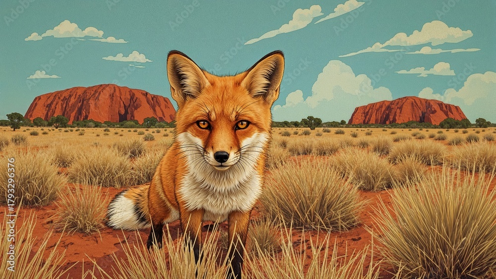 Obraz premium A fox in the desert landscape with red rocks and dry grass. Animal and landscape, concept. Nature and wildlife. The scene of a fox in a rugged desert environment.