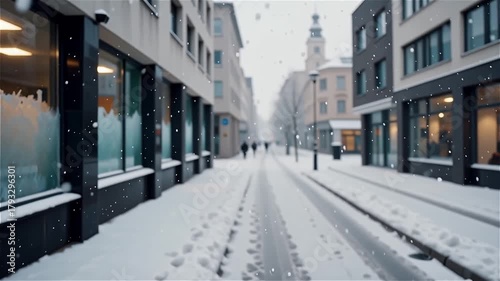 Urban Snowfall Empty Street City Intersection Winter Weather Blizzard Snowing Traffic Lights Cold Temperature Downtown Buildings Architecture Moody Atmosphere