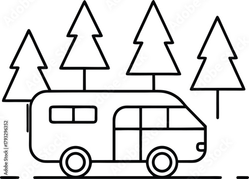 Camping Van Parked Near Trees Line Art Vector Illustration Isolated on White Background