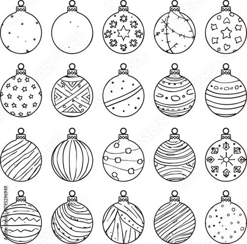 Collection of 20 hand-drawn Christmas baubles with various decorative patterns ornaments decorations