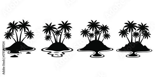 Tropical island silhouettes with palm trees and water