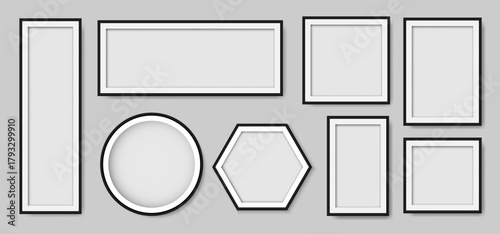 Clean collection of empty frames various shapes like rectangular, square, round, hexagonal. Perfect as mockups for art, photos, or interior decor