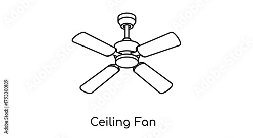 Simple line drawing of a classic five blade ceiling fan on white background