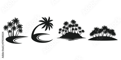 Four Black Silhouettes of Tropical Islands with Palm Trees