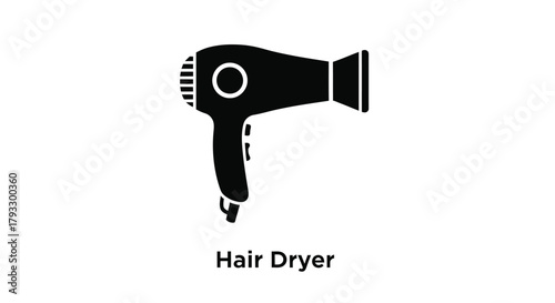 Simple black and white icon depicting a modern hair dryer appliance
