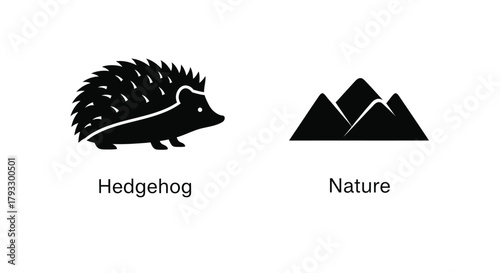 A simple graphic depicting a hedgehog alongside stylized mountain peaks