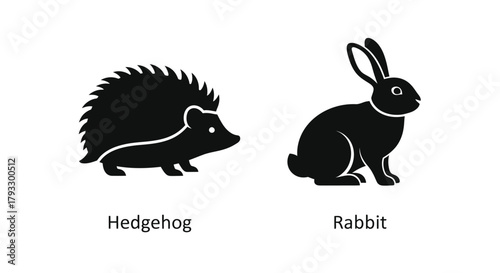 A simple illustration depicting a hedgehog and a rabbit in black silhouette