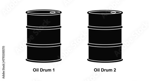 Two black oil drums are prominently displayed against a clean white background
