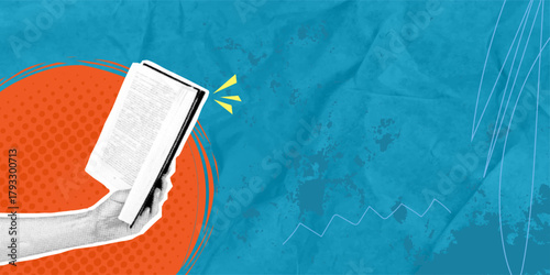 Open palm book on blue background with space for text. A trendy halftone pop art collage. The concept of educational.