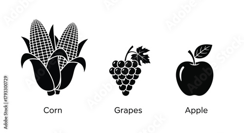 Simple black and white illustration depicting corn grapes and a red apple