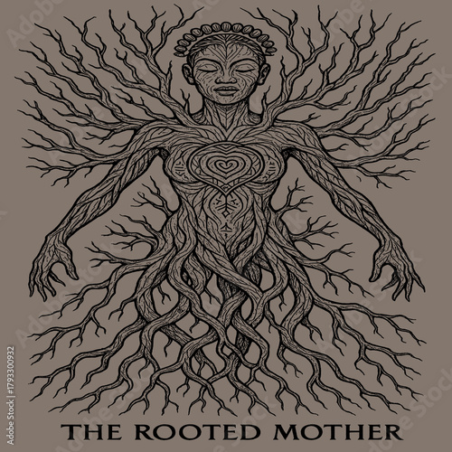 THE ROOTED MOTHER – Earth Arcana A powerful goddess formed from living roots, heart glowing with earth energy, embodying nature’s creation and ancestral grounding.