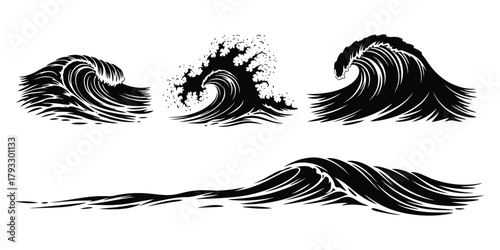 Set of Black Wave Silhouettes ocean water