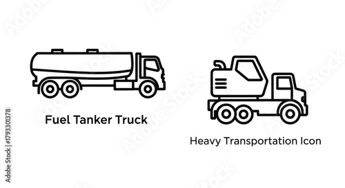 Line art illustration depicting a fuel tanker and heavy transportation truck icons