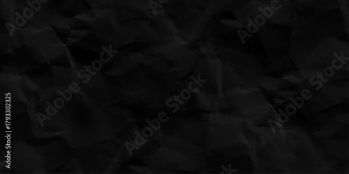 Crumpled paper texture realisric vector illustration. Black blank sheet with wrinkle and crease effect. dark smoke on black background