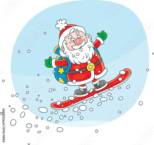 Santa Claus snowboarder flying with Christmas gifts in his magic bag, vector cartoon illustration