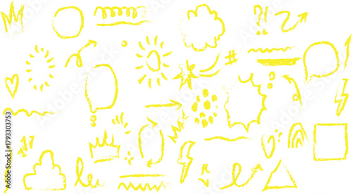 Collection of Yellow Hand- Drawn Doodle Elements Keywords: doodles, hand-drawn, yellow, icons