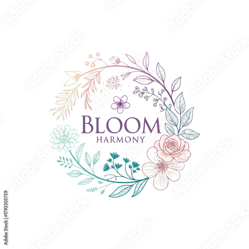 Bloom harmony logo vector with soft floral gradient background