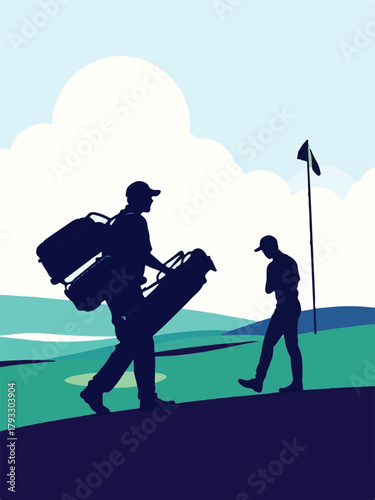 Golfer with caddie walking on golf course vector illustration
