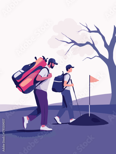 Golfer with caddie walking on golf course vector illustration