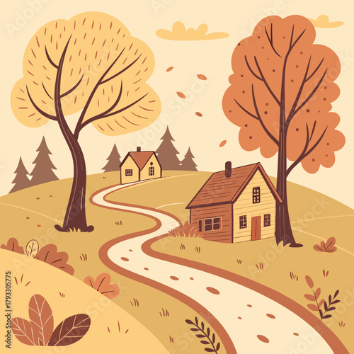 Illustration of a winding path leading to houses in an autumnal landscape with trees and foliage
