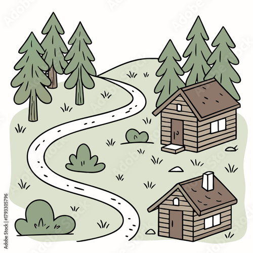 Illustration of a winding path leading to two cabins in a forest with evergreen trees and bushes