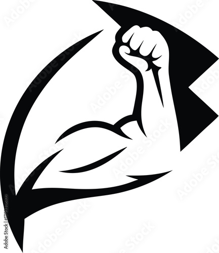 Line art illustration of a strong arm, biceps, and fist symbolizing strength and muscle body vector