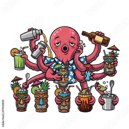 Playful octopus bartender mixes colorful tropical cocktails with tiki mugs creating a fun summer party vibe for your creative projects