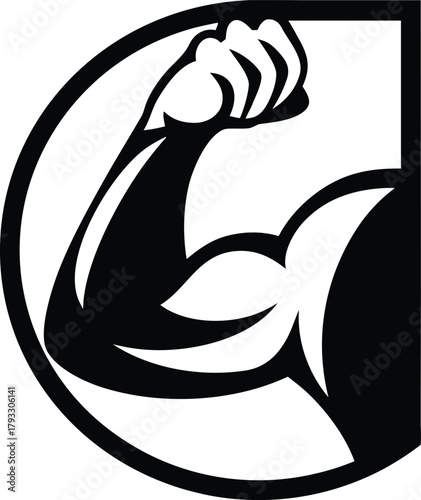 Line art illustration of a strong arm, biceps, and fist symbolizing strength and muscle body vector