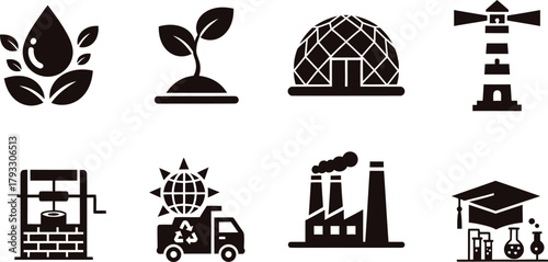 Collection of black vector icons representing environmental conservation and sustainable development concepts