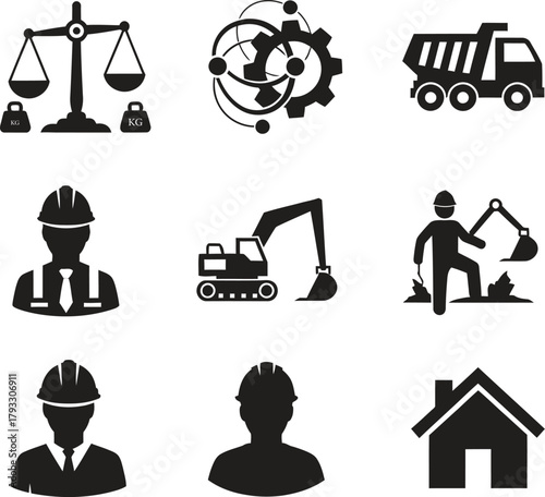 Collection of industry and construction icons representing engineering and labor services
