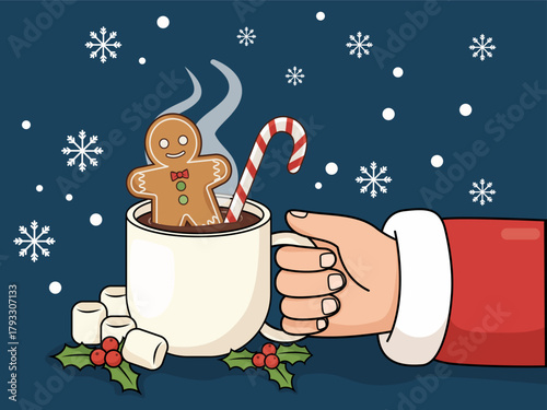 Human Hand Holding Hot Chocolate with Gingerbread Man and Candy Cane — Cute Christmas Vector Illustration