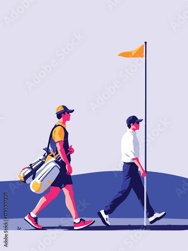 Golfer with caddie walking on golf course vector illustration