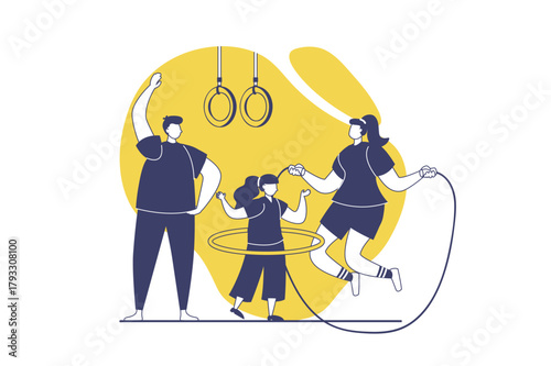 Healthy families web concept with flat people for website design. Mother, father and daughter training together, doing workout with rope jump and hula hoop, gymnastic exercising. Vector illustration.