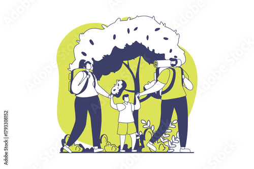 Healthy families web concept with flat people for website design. Mother, father and son with backpack go hiking together, trekking in forest and camping, lead active lifestyle. Vector illustration.