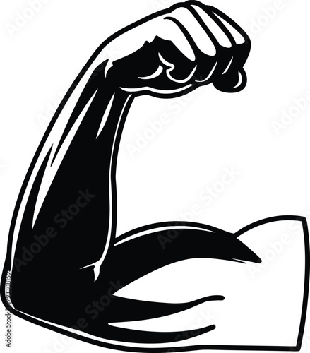 Line art illustration of a strong arm, biceps, and fist symbolizing strength and muscle body vector