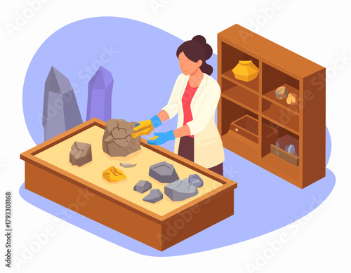 A woman in a lab coat and gloves examines mineral samples displayed on a table, with crystals and a shelf of artifacts in the background.