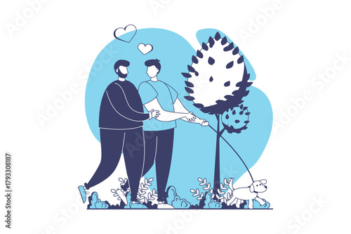 LGBTQ couple web concept with flat people for website design. Two homosexual men walking with dog in park. Beloved boyfriends spending time together, go on promenade with puppy. Vector illustration.