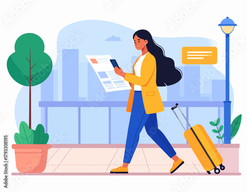 A woman in a yellow jacket walks with a suitcase, looking at her phone and a document, in a stylized urban airport setting.