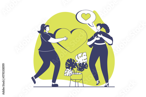 LGBTQ couple web concept with flat people for website design. Two lesbian women dating and spending romantic time together, declaration love feeling and expressing emotions. Vector illustration.