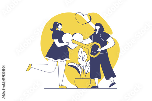 LGBTQ couple web concept with flat people for website design. Two lesbian women dating and spending romantic time together, declaration love feeling, getting happy relationship. Vector illustration.