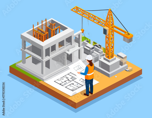 Isometric illustration of a construction site with a building under construction, a crane, and a worker reviewing blueprints.