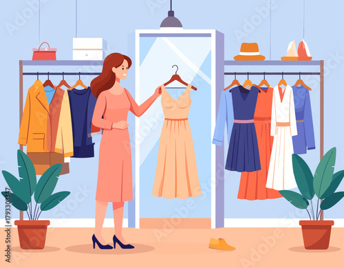 Woman in a clothing store holding a dress in front of a mirror, surrounded by racks of clothes and potted plants.