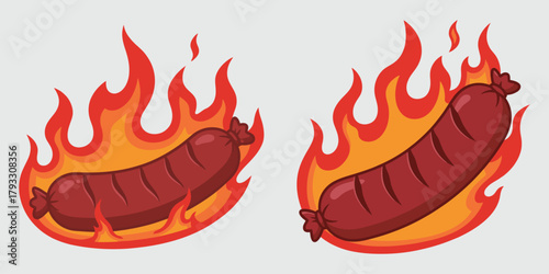 Grilled Sausages on Fire – Spicy Barbecue Food Illustration in Cartoon Style